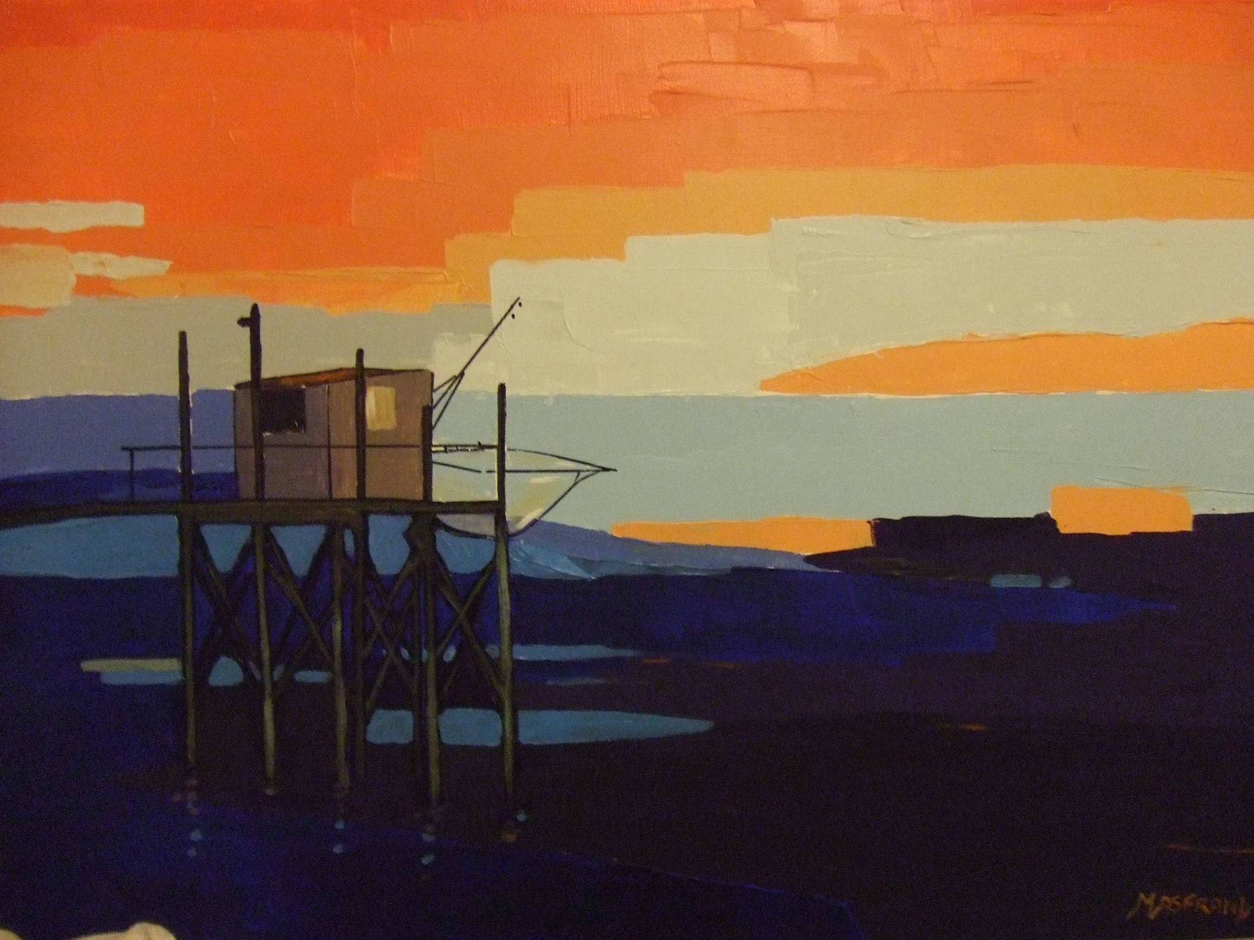 Un carrelet au soleil couchant — Acrylique