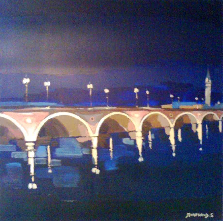Le pont de pierre de nuit — Acrylique